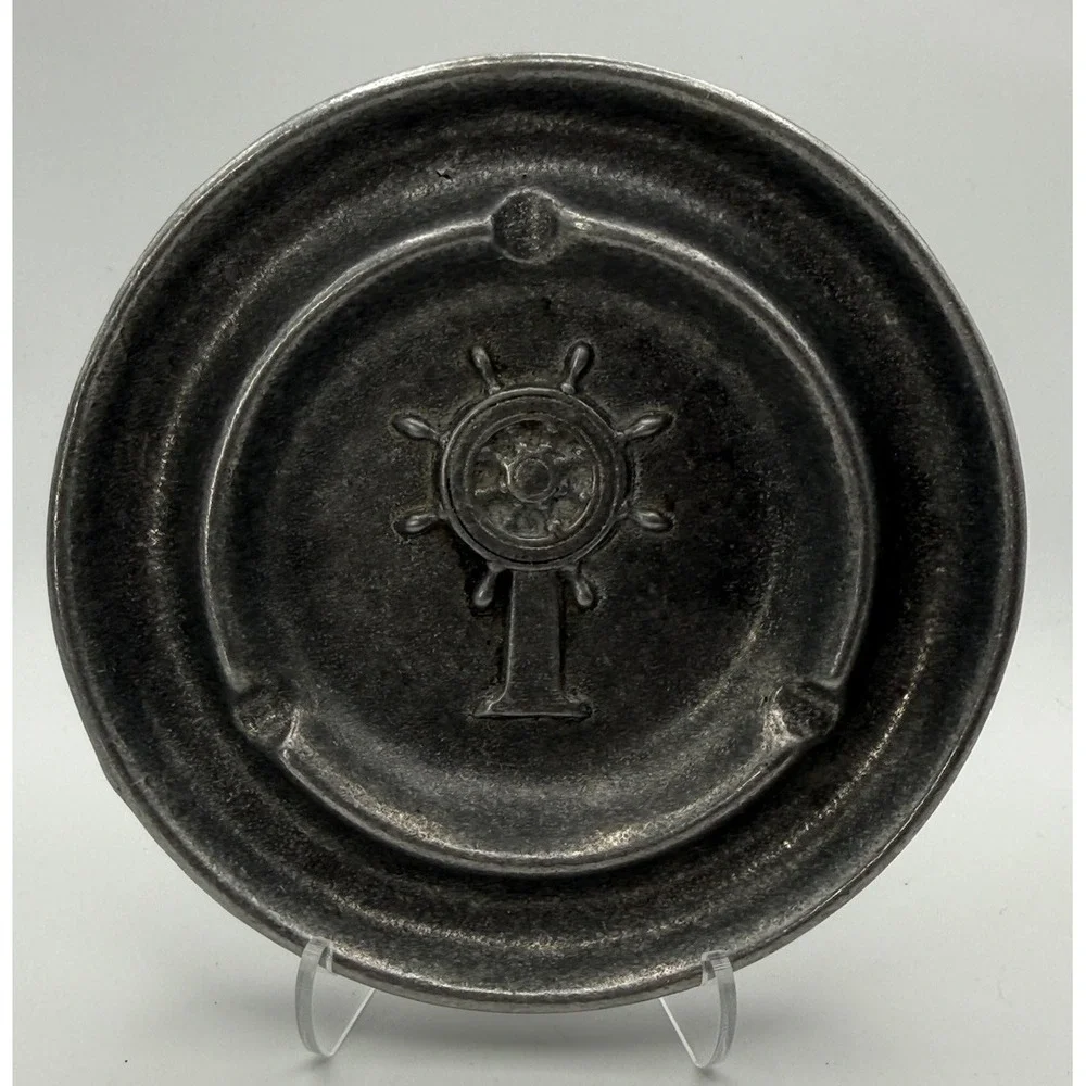 Vintage Nautical Ship Wheel Ashtray Pewter-Look Cast Aluminum Cigarette Tray GUC
